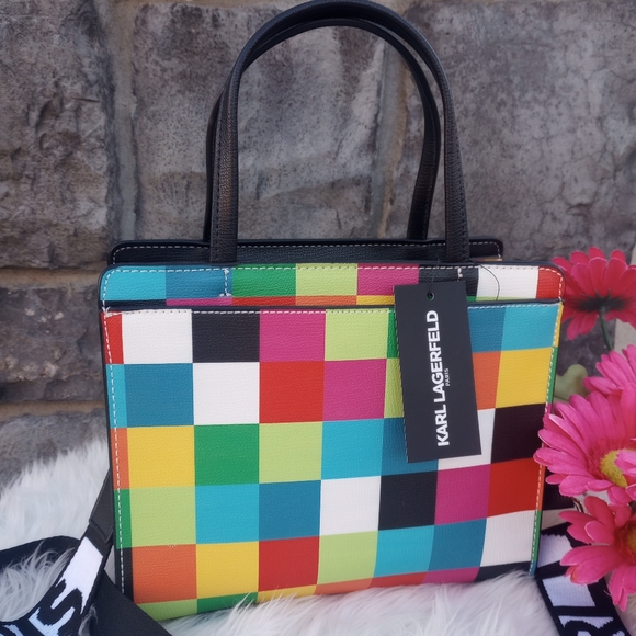 LAST ONE🔥 Karl Lagerfeld Multicolored Rainbow Checkered Maybelle Satchel - Picture 7 of 15